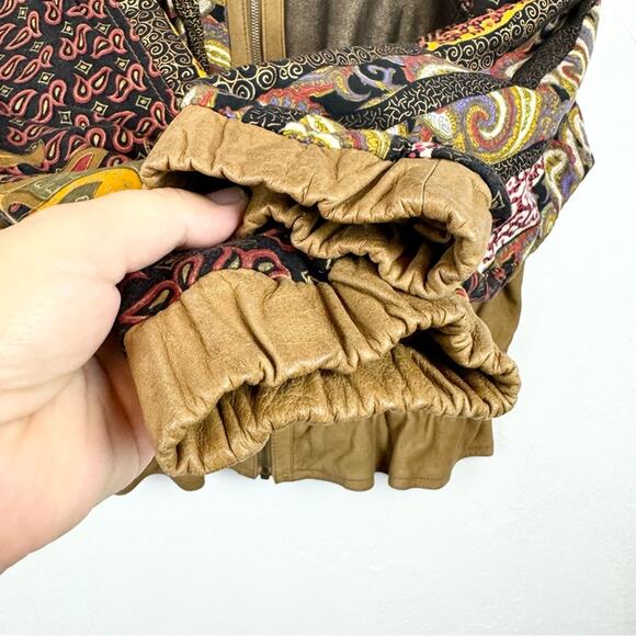 Vintage Tan Genuine Leather Patchwork Scrunched Full Zip Bomber Jacket Size S - Picture 13 of 16